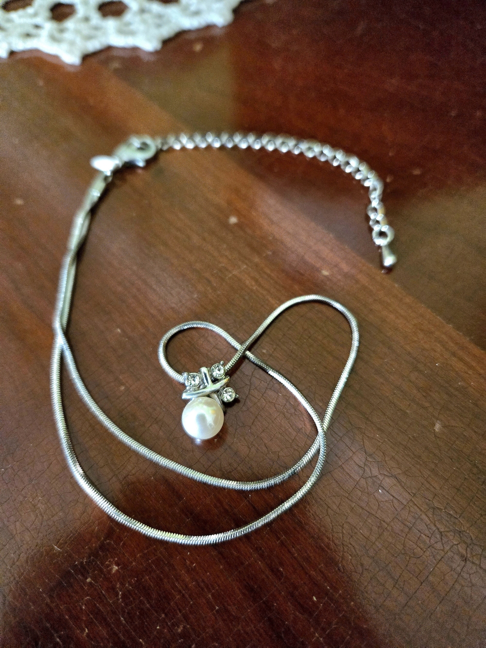 Avon Silver-Tone Pearl Pendant Necklace with Crystal Accents